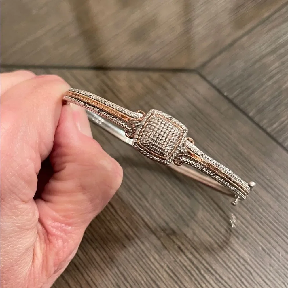 BR SUN Silver Plated Elegant Hinged Bangle Bracelet with Rose Gold Accents